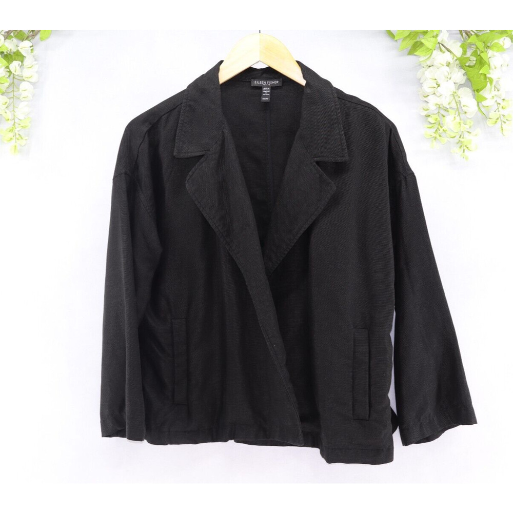 Eileen Fisher Sz M Petite Black Drape Front Linen Tencel Boxy Jacket Minimalist - Picture 2 of 9